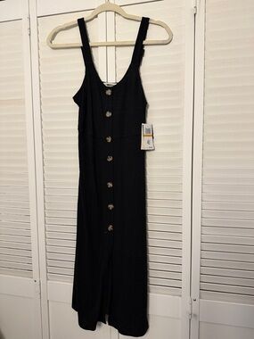 Sleeper Black Button-Front Midi Dress with Wide Straps